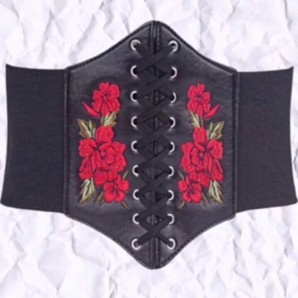 Red Rose Floral Emboidered Lace Up Corset Belt 26"-35"